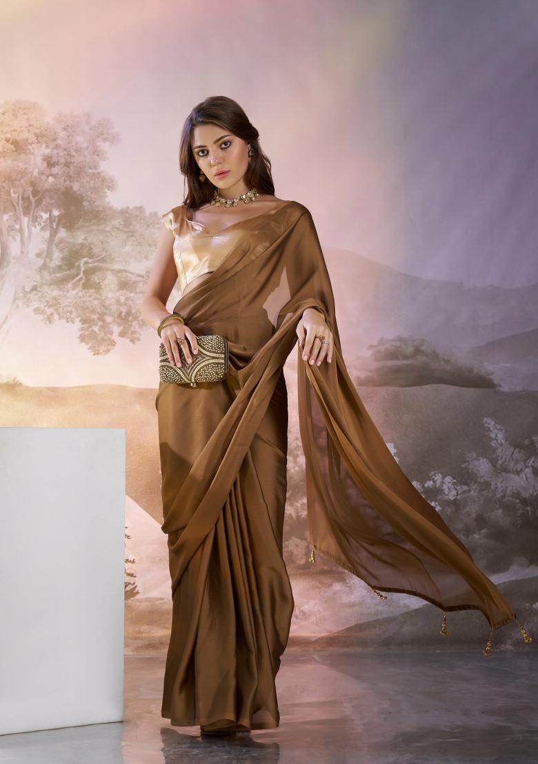 Coffee Brown Latkan Satin Rangoli Saree Set