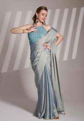 Grey Latkan Satin Rangoli Saree Set