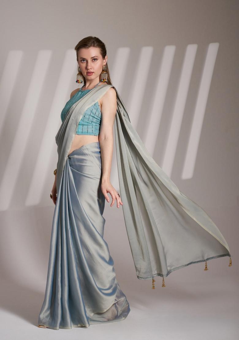 Grey Latkan Satin Rangoli Saree Set