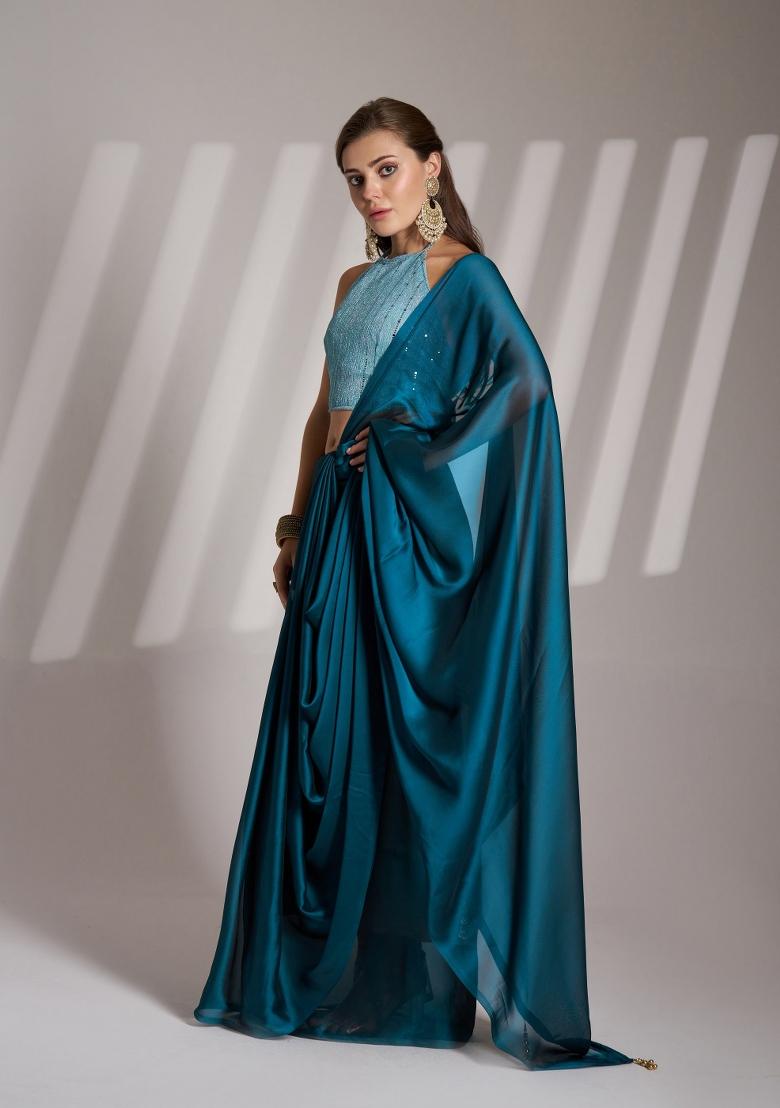 Teal Blue Latkan Satin Rangoli Saree Set