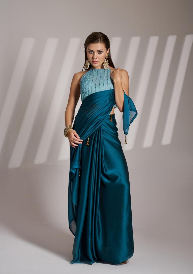 Teal Blue Latkan Satin Rangoli Saree Set