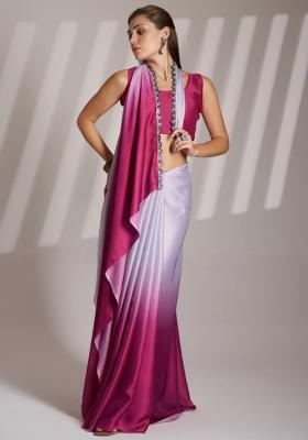 Pink And Off White Printed Chinnon Silk Saree Set