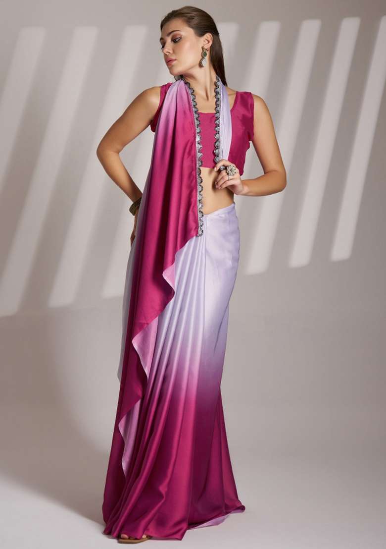 Pink And Off White Printed Chinnon Silk Blend Saree Set - Indya