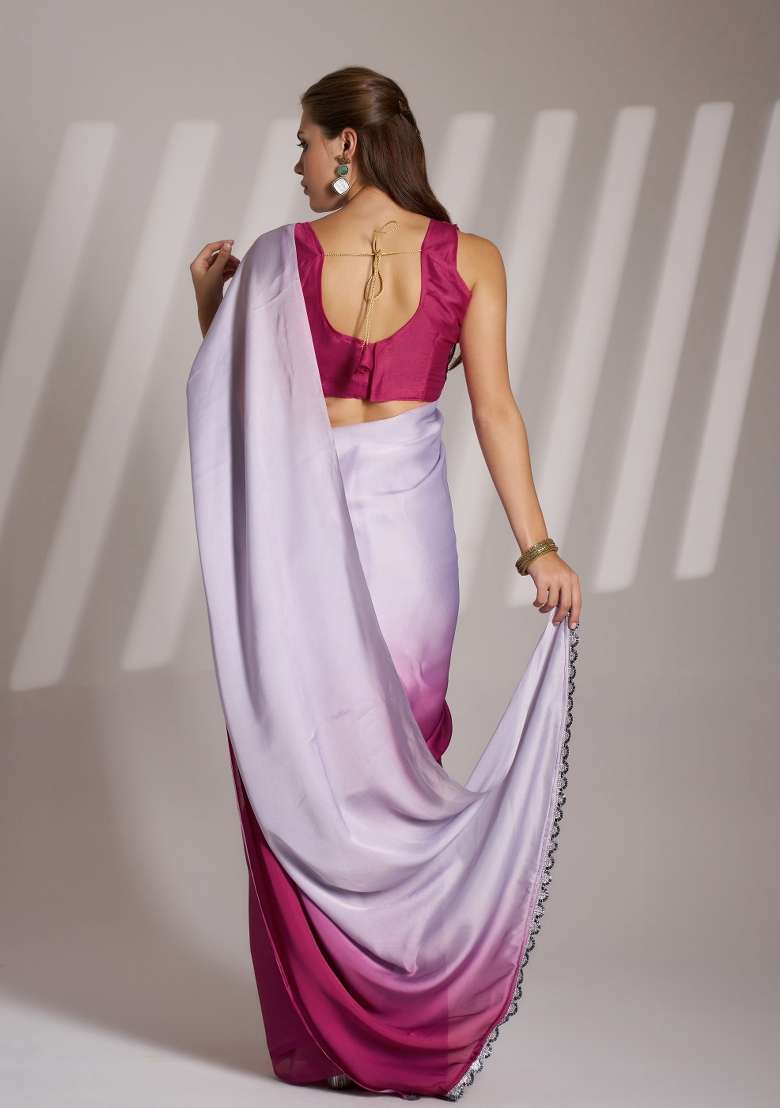 Pink And Off White Printed Chinnon Silk Blend Saree Set - Indya