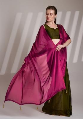 Wine And Mehendi Latkan Satin Rangoli Saree Set