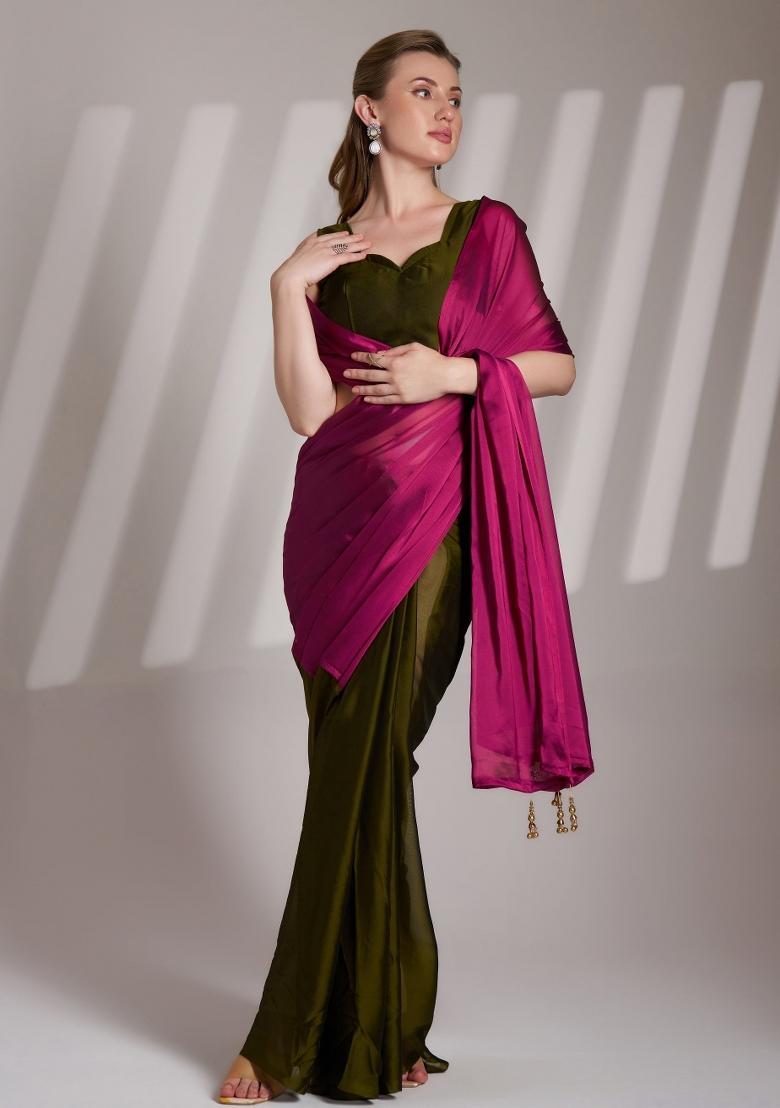 Wine And Mehendi Latkan Satin Rangoli Saree Set