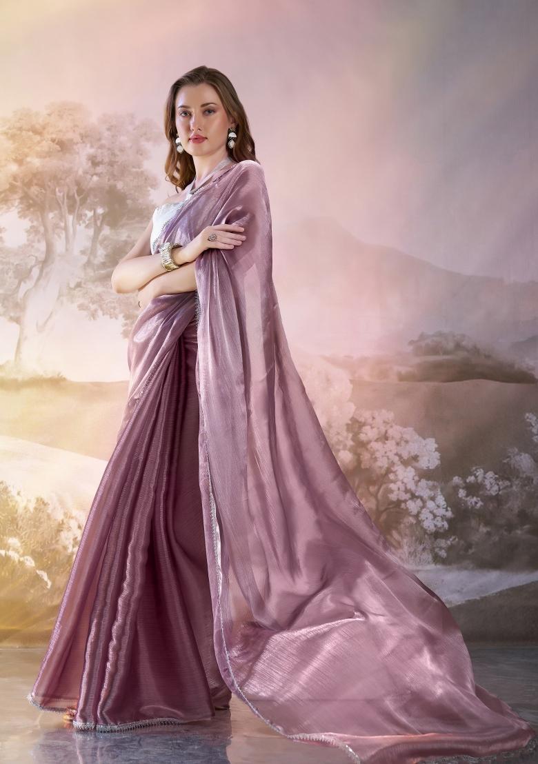 Wine Sequence Burberry Organza Silk Saree Set