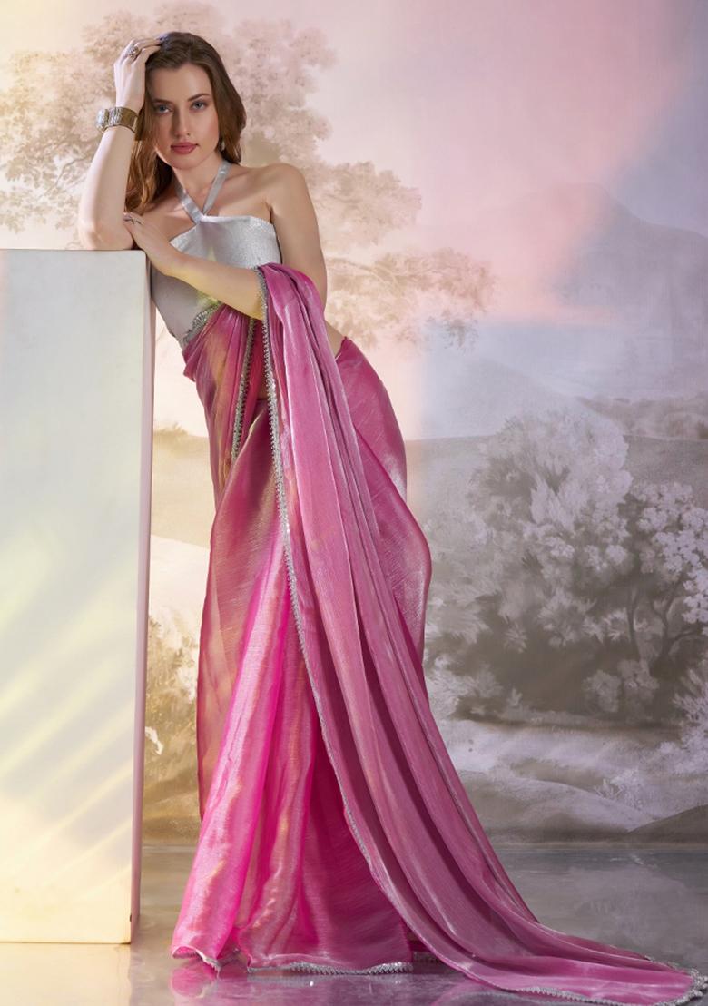 Pink Sequence Burberry Organza Silk Saree Set