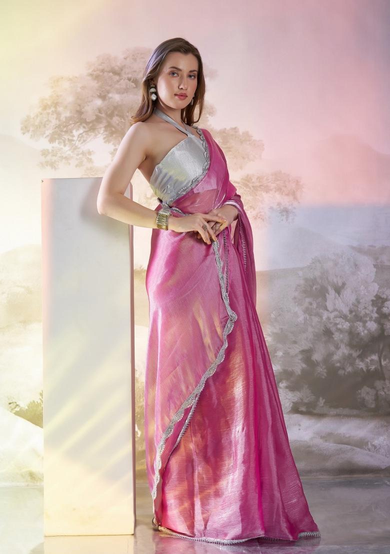Pink Sequence Burberry Organza Silk Saree Set