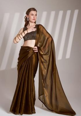 Coffee Brown Lace Border Burberry Organza Silk Saree Set