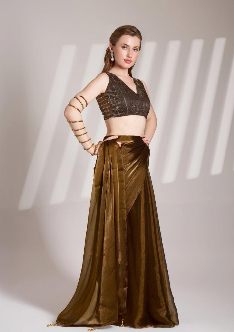 Coffee Brown Lace Border Burberry Organza Silk Saree Set