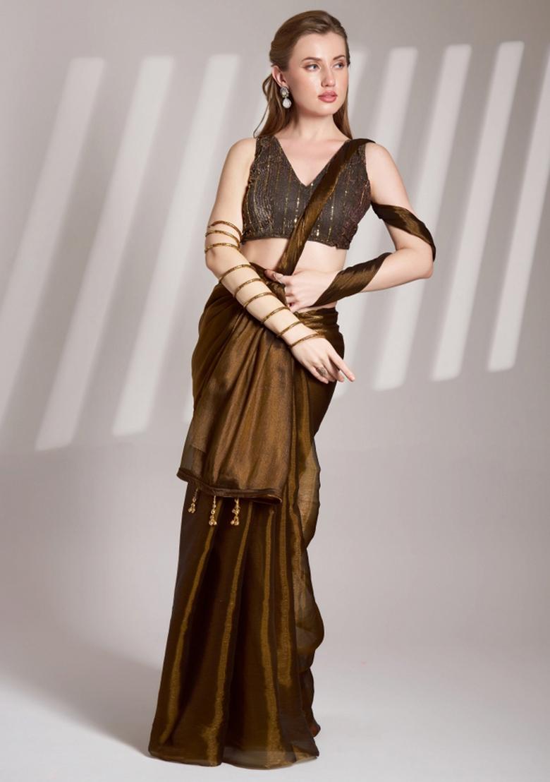 Coffee Brown Lace Border Burberry Organza Silk Saree Set