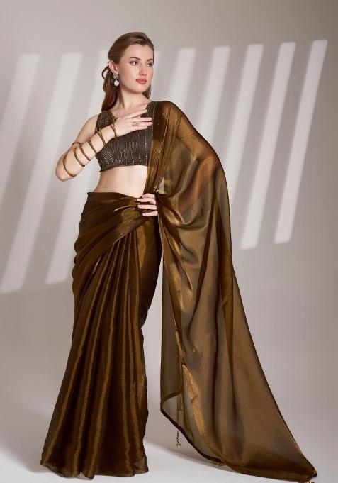 Coffee Brown Lace Border Burberry Organza Silk Saree Set