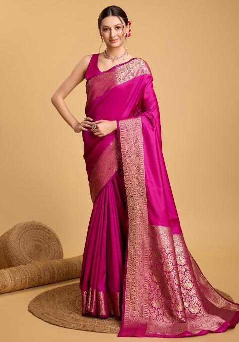 Pink Weaving Work Banarasi Silk Blend Saree Set