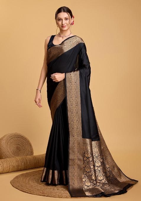 Black Weaving Work Banarasi Silk Saree Set — view on Indya
