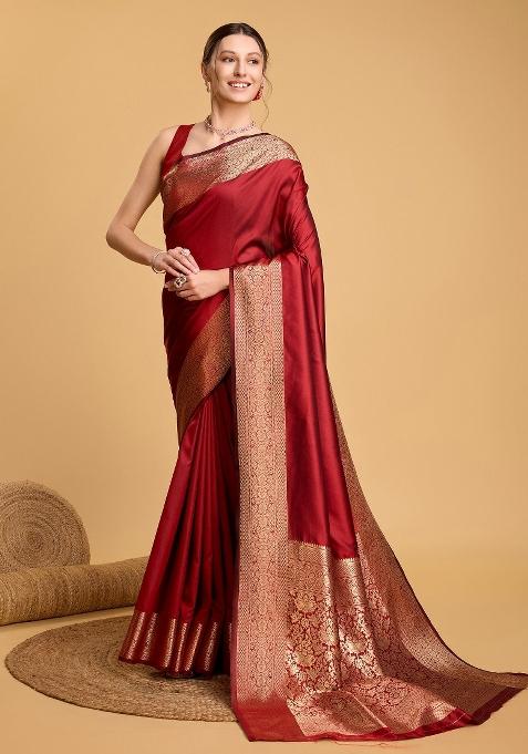 Red Weaving Work Banarasi Silk Saree Set