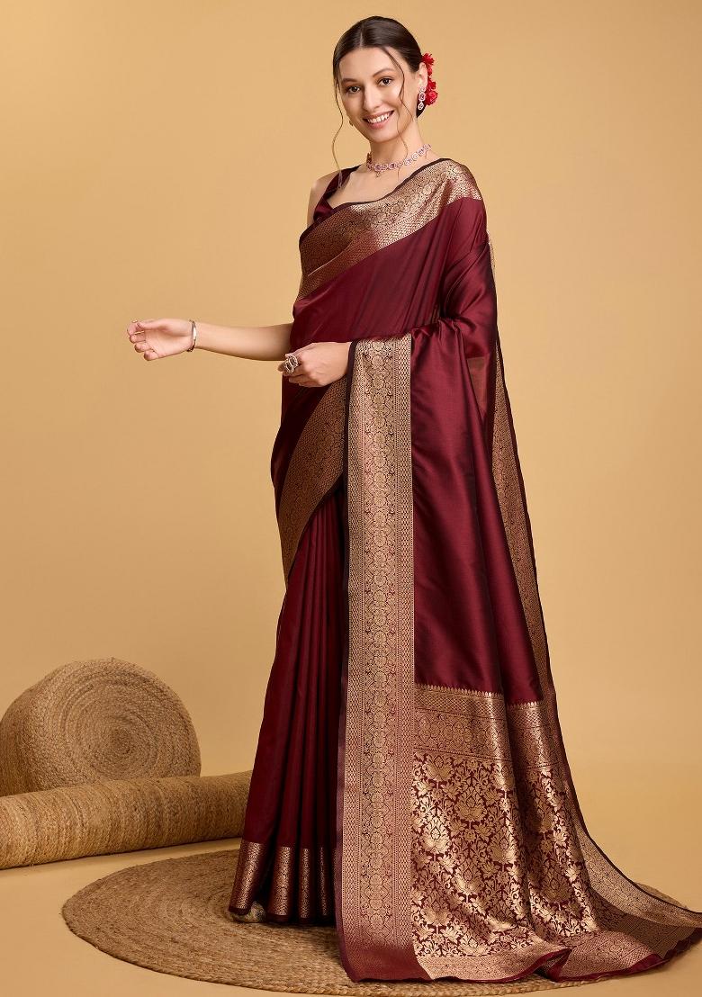 Maroon Weaving Work Banarasi Silk Saree Set