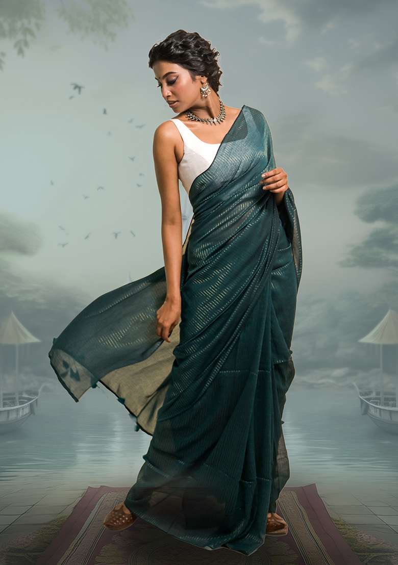 Green Stripes Cotton Saree - Indya