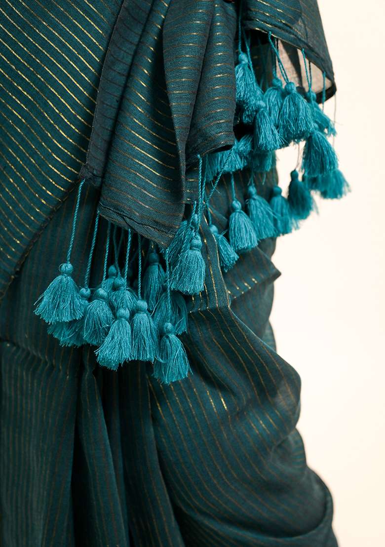 Green Stripes Cotton Saree - Indya