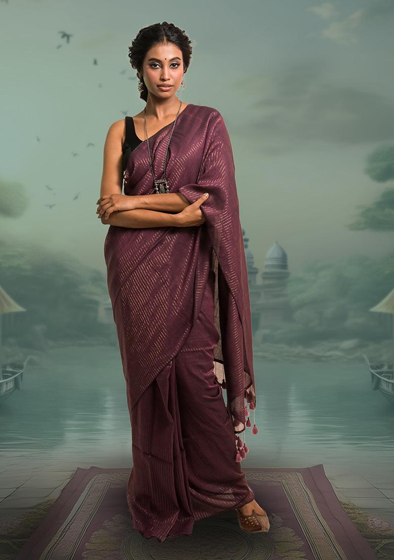 Burgundy Stripes Cotton Saree