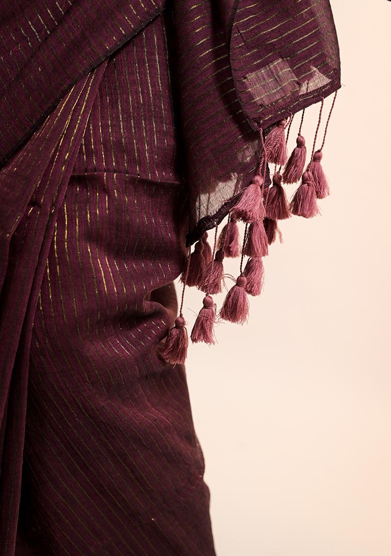 Burgundy Stripes Cotton Saree
