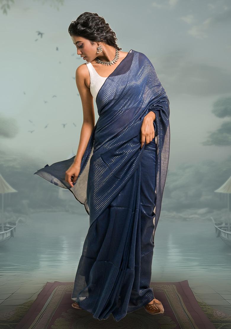 Navy Blue Stripes Cotton Saree