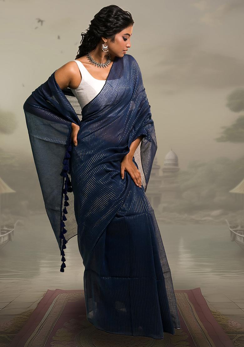 Navy Blue Stripes Cotton Saree