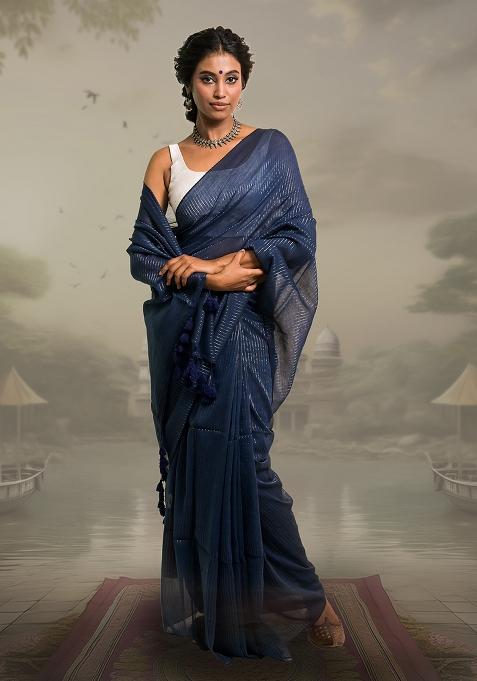 Navy Blue Stripes Cotton Saree