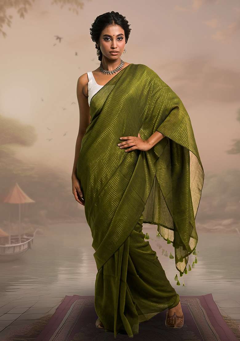Olive Stripes Cotton Saree - Indya