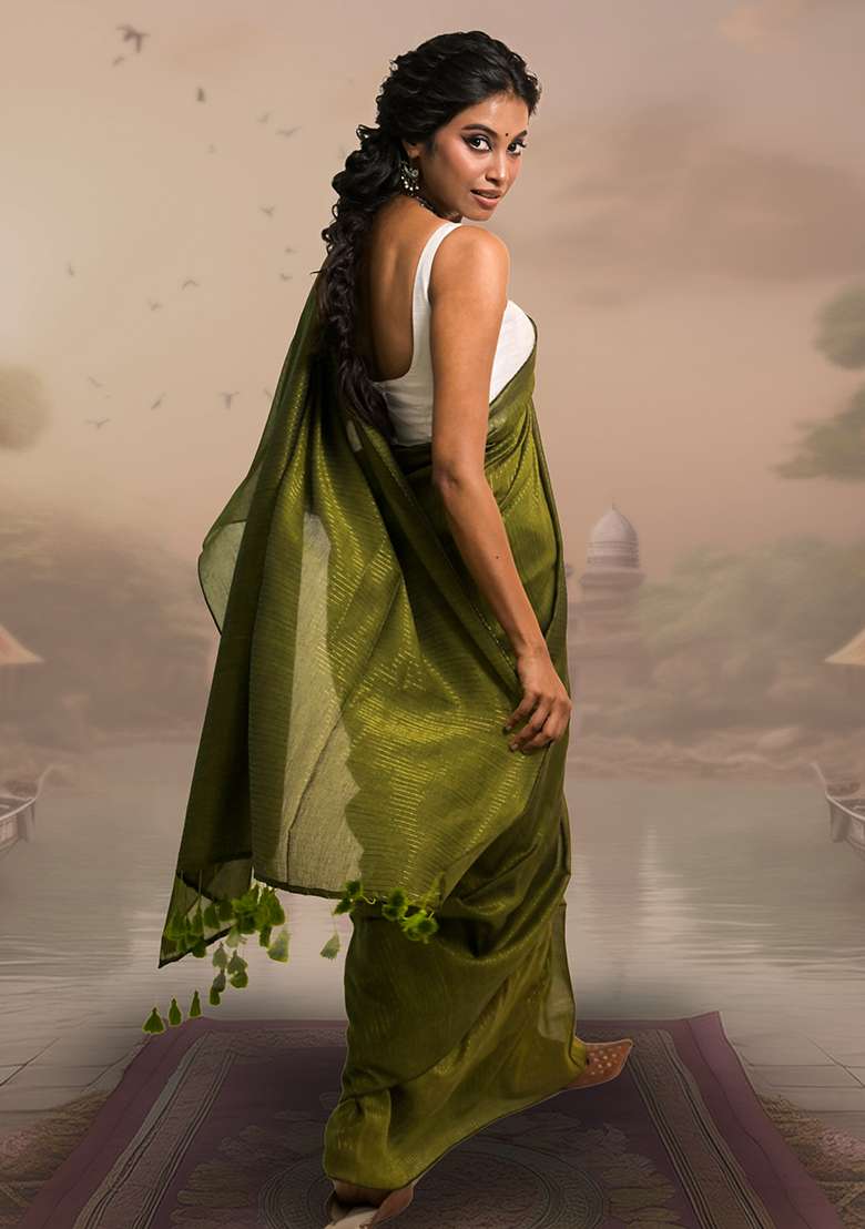 Olive Stripes Cotton Saree - Indya