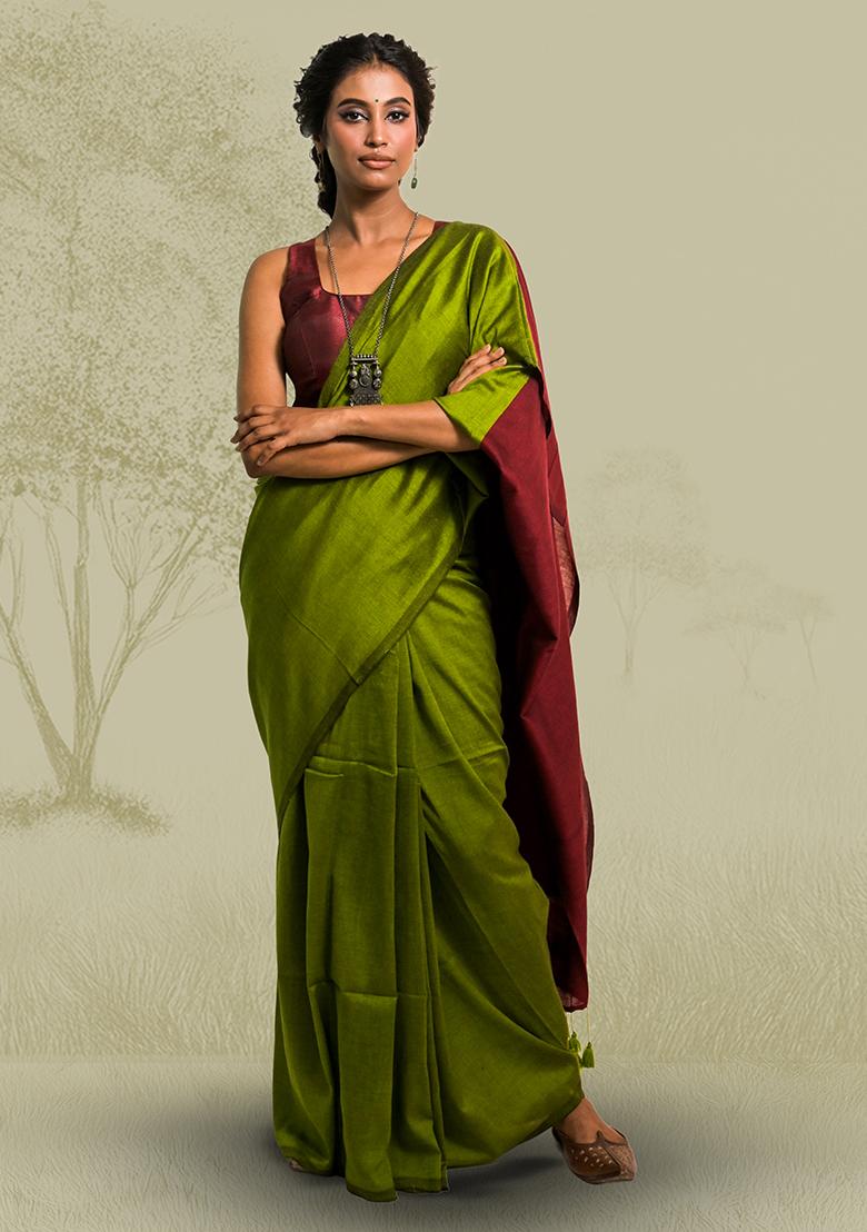 Olive Solid Cotton Saree