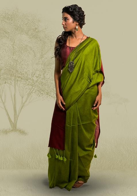 Olive Solid Cotton Saree