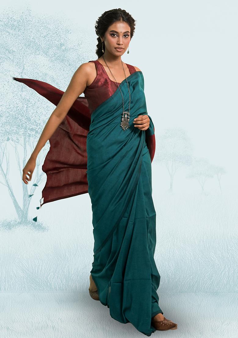 Green Solid Cotton Saree