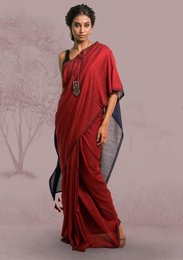 Red Solid Cotton Saree