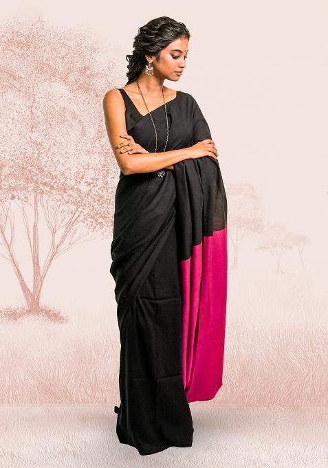Black Solid Cotton Saree
