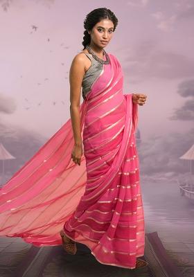 Pink And Red Stripes Cotton Saree