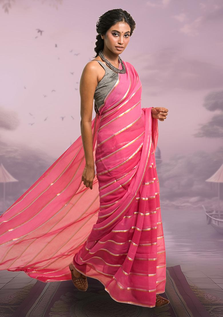 Pink And Red Stripes Cotton Saree