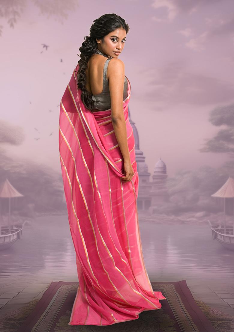 Pink And Red Stripes Cotton Saree