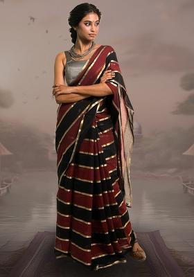 Maroon And Black Stripes Cotton Saree
