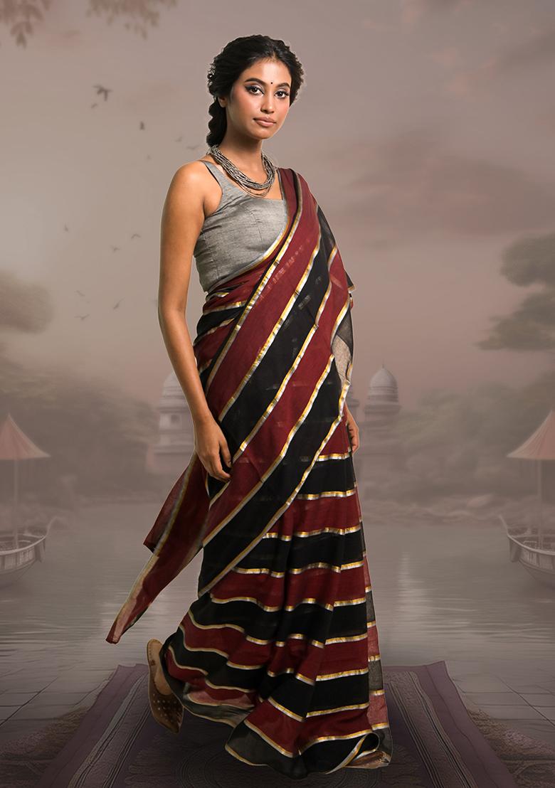 Maroon And Black Stripes Cotton Saree