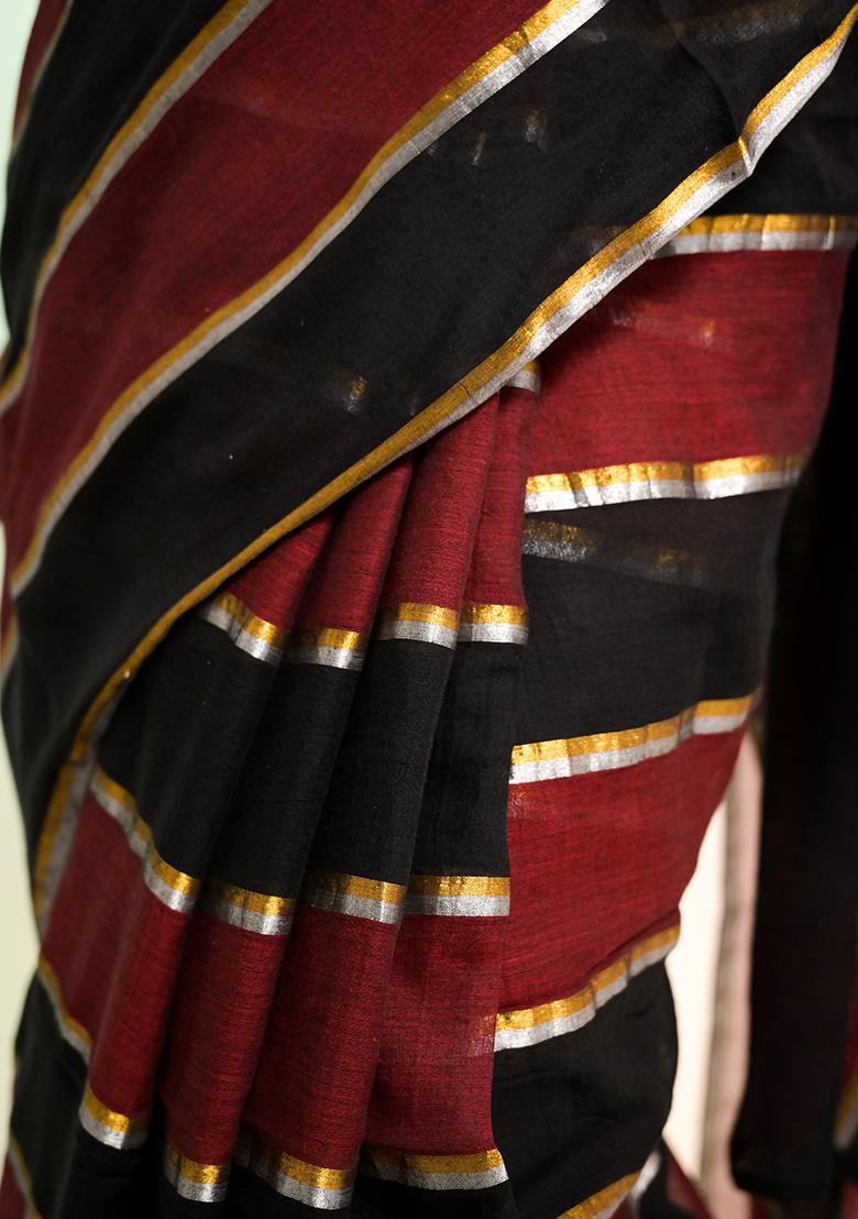 Maroon And Black Stripes Cotton Saree