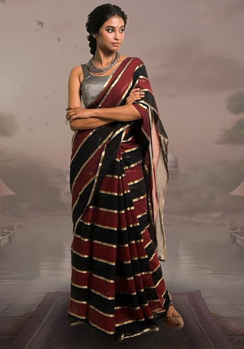 Maroon And Black Stripes Cotton Saree
