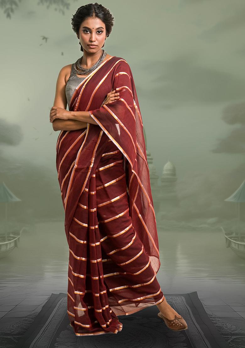Maroon Stripes Cotton Saree