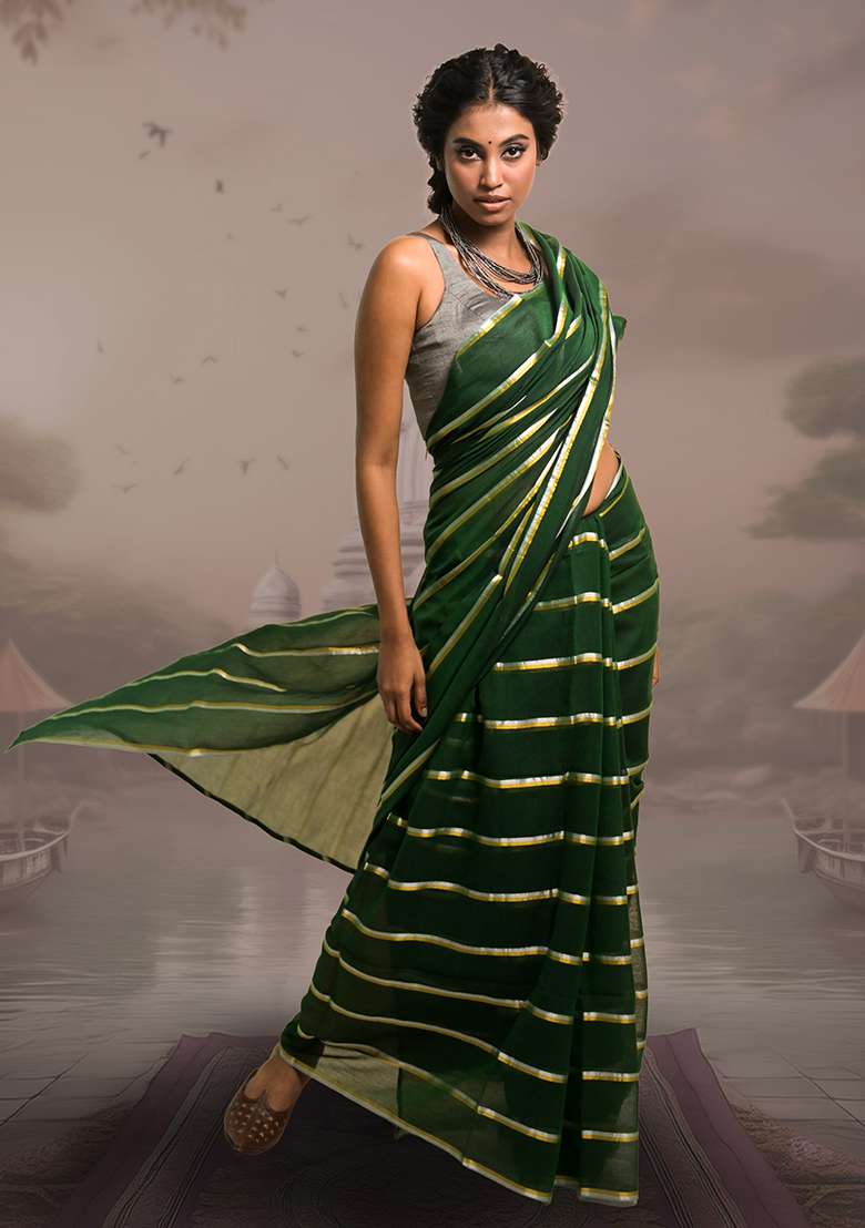 Green Stripes Cotton Saree - Indya