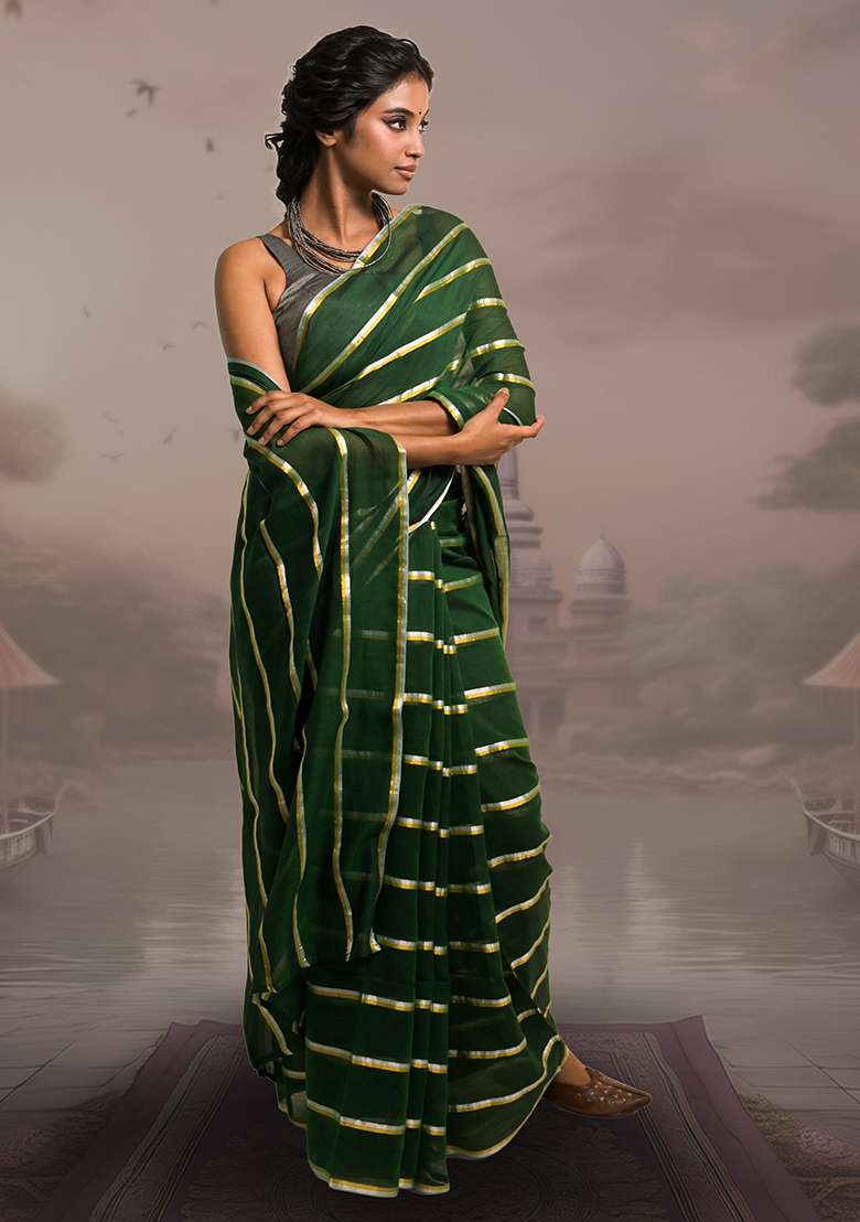 Green Stripes Cotton Saree - Indya