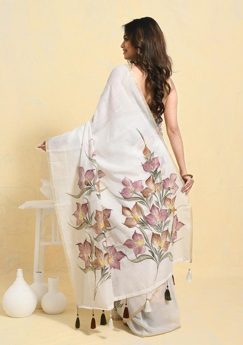 White Printed Linen Saree Set