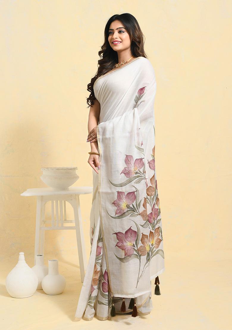 White Printed Linen Saree Set