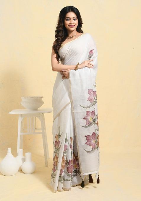 White Printed Linen Saree Set