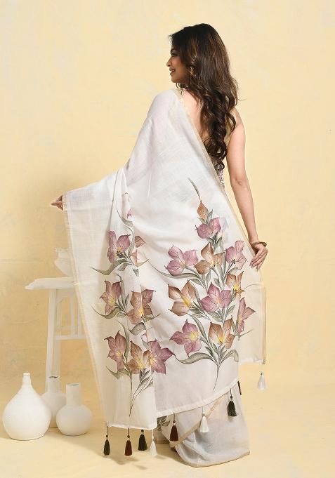 White Printed Linen Saree Set