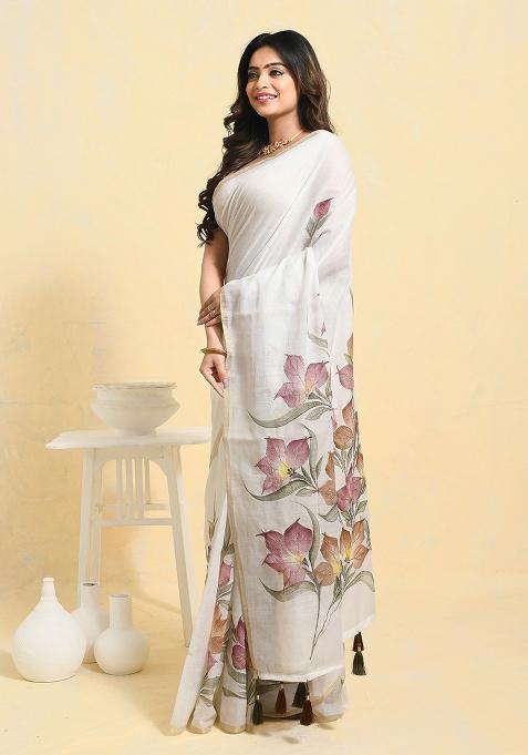 White Printed Linen Saree Set